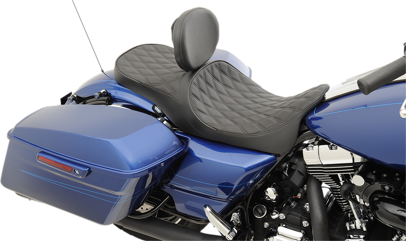 Backrest Compatible 2-Up Leather Touring Seat — Double Diamond - Hardcore Cycles Inc