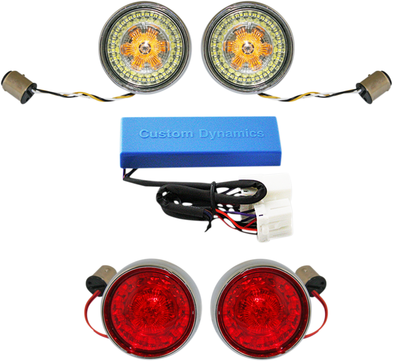 Custom Dynamics Complete Front & Rear Turn Signal Conversion Kit with Bullet Bezel Lenses - Hardcore Cycles Inc